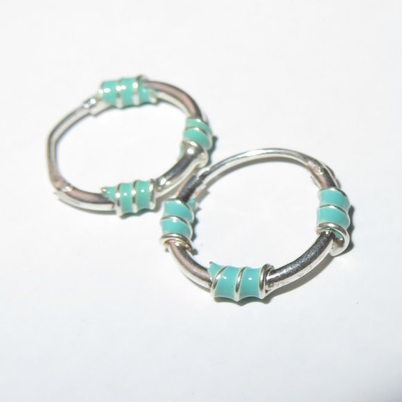 Sterling Silver Green Enamel Accents Hoops Huggies Earrings - Picture 4 of 12